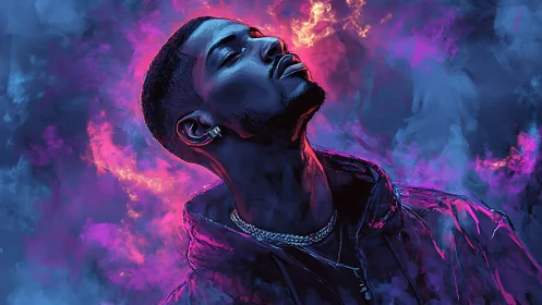 Neon vapor portrait of man in hoodie under magenta blue glow