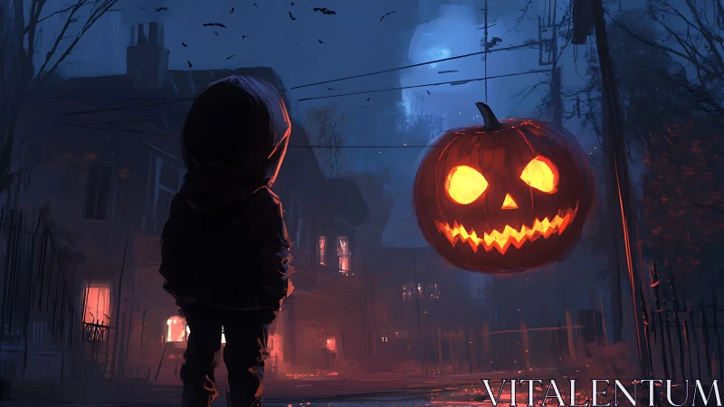 Hooded child faces giant glowing jack o lantern on street.