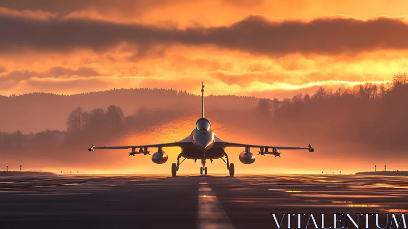 Single jet aircraft on runway against layered sunset sky.