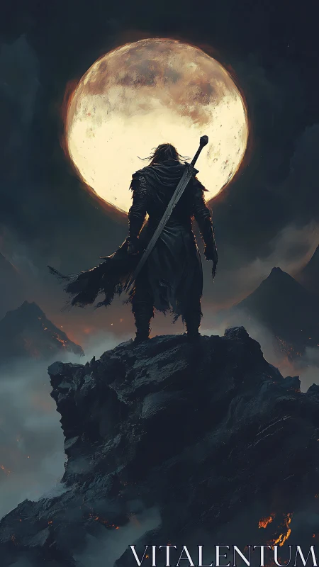 Lone dark warrior faces colossal moon above fiery cliffs.