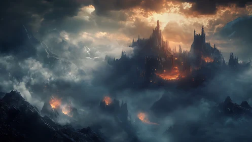 Volcanic fortress landscape under dense storm clouds.