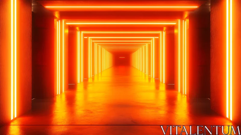 Neon corridor shows repeating orange light frames in perspective
