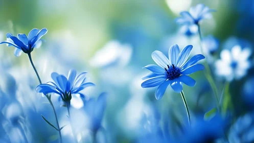 Blue Daisies Dancing Through Luminous Green Haze