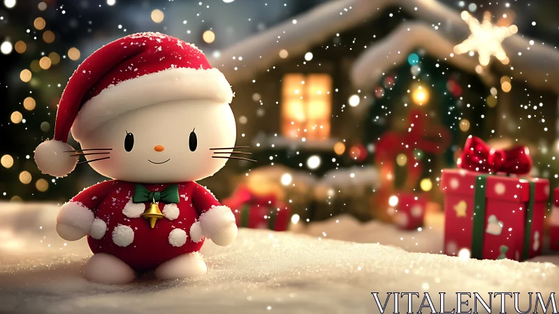 Photorealistic chibi Christmas cat in festive snowfall scene.