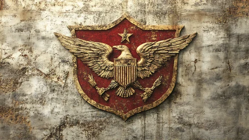 Aged golden eagle crest on distressed red shield.