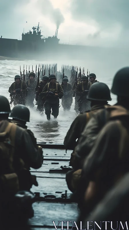 World War II soldiers advance from landing craft under fire