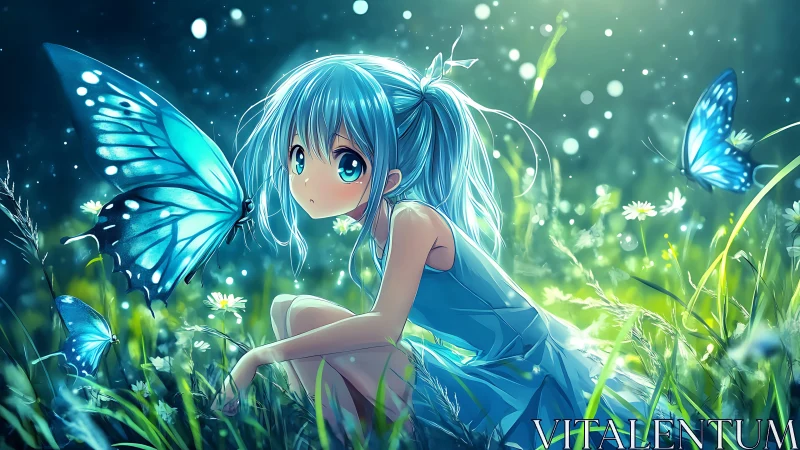 Bioluminescent anime girl with butterflies in luminous meadow