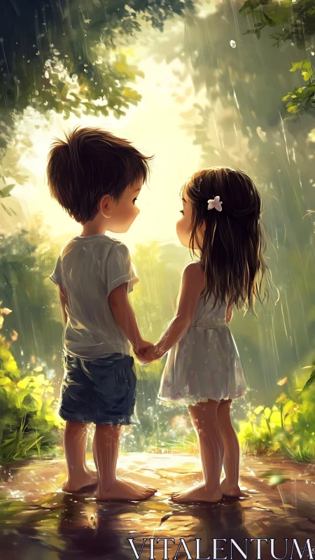 Two Children Holding Hands in Golden Sunlight