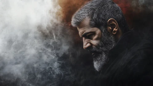 Side profile of older bearded man in dense swirling smoke.