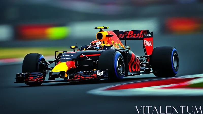 Turbocharged bull rockets through a neon-tinged racetrack storm.