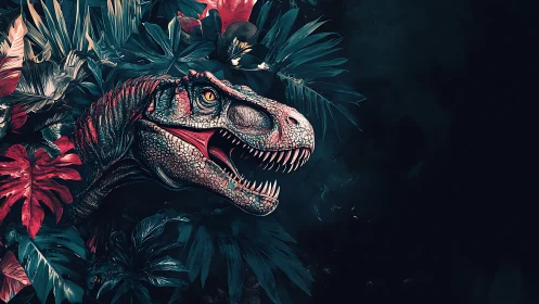 Night jungle raptor grinning through neon-shadowed leaves.