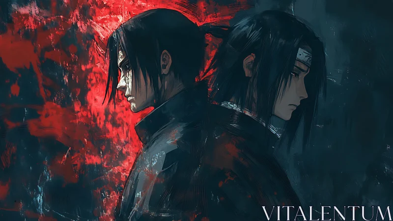 Brooding warriors stand back to back amid crimson blaze.