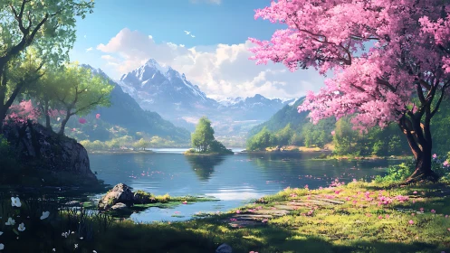 Blossoming lakeside valley under distant snowy mountain peaks.