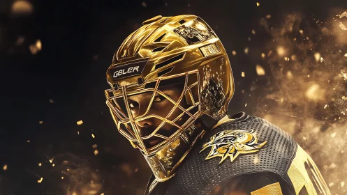 Golden hockey goalie poised in a storm of glowing sparks.