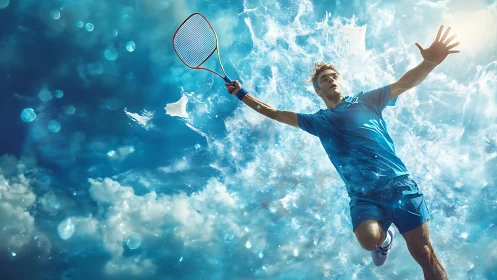 Dynamic badminton jump amid splashing sky-blue energy.