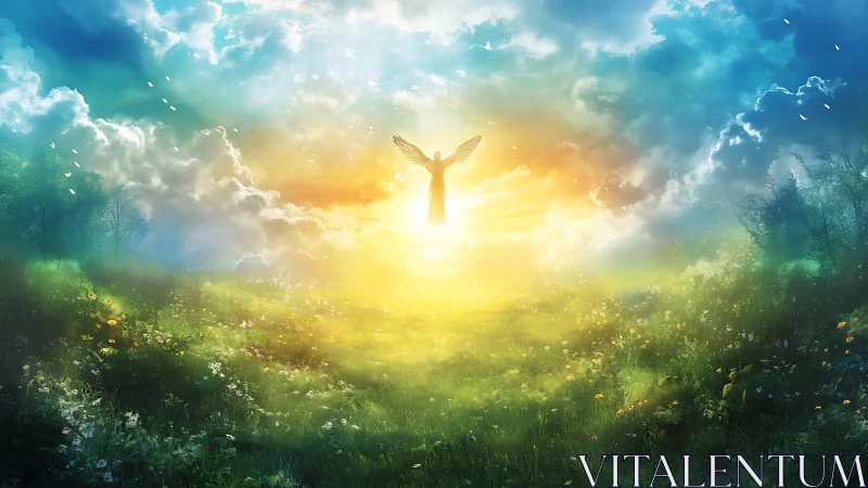 Gentle dawn meadow with radiant soaring angelic light.