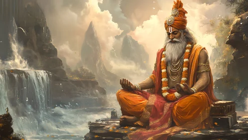 Himalayan sage in orange robes meditating beside cascading waterfalls