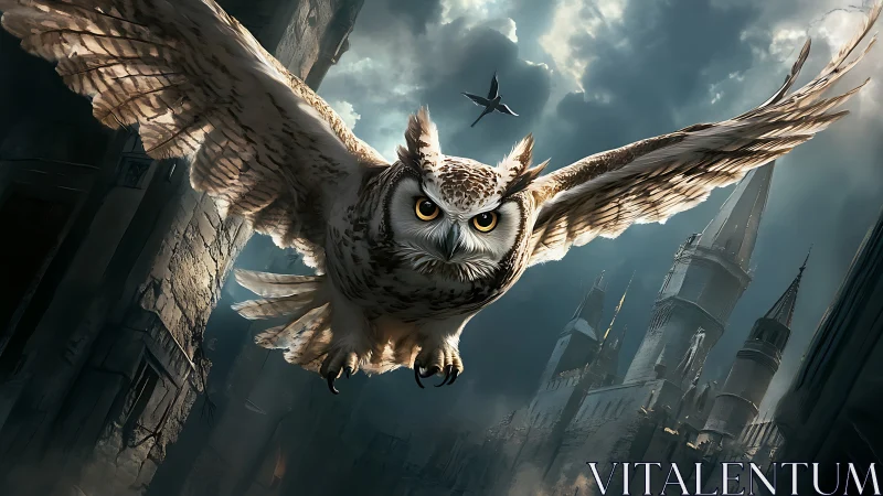 Large owl in flight above dark stone towers at dusk.