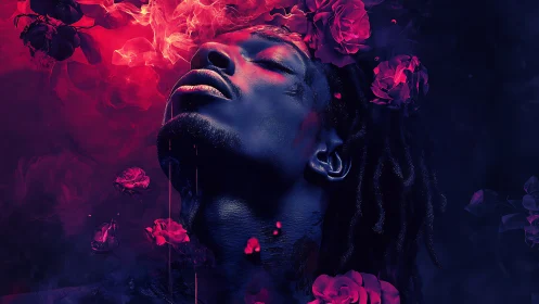 Neon-lit portrait merges cosmic shadows with burning roses.