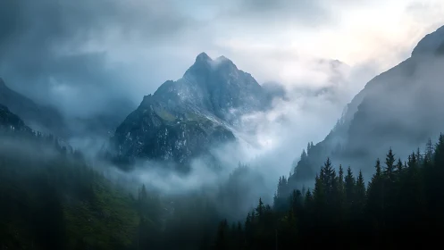 Mountain ridge rises through dense valley fog at dawn light