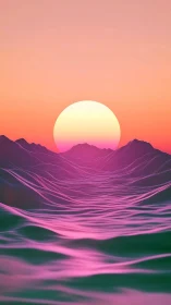 Dreamy neon sunset melts over soft rolling digital waves