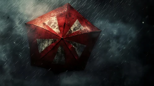 Red weathered umbrella in dark stormy night rain scene.