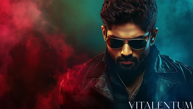 Man in leather jacket amid red and teal atmospheric smoke.