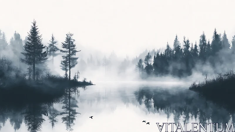 Whispering mist over still forest waters at first light.