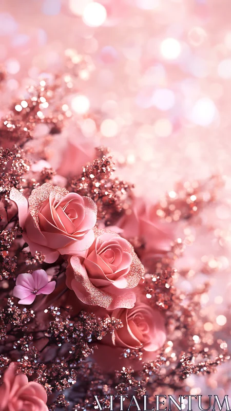 Macro bouquet of glittered pink roses with bokeh highlights