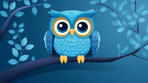 Cute cartoon blue owl on tree branch in whimsical night scene.