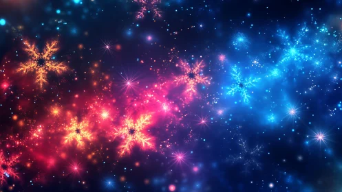 Bicolor nebula snowflakes with luminous particle bokeh field