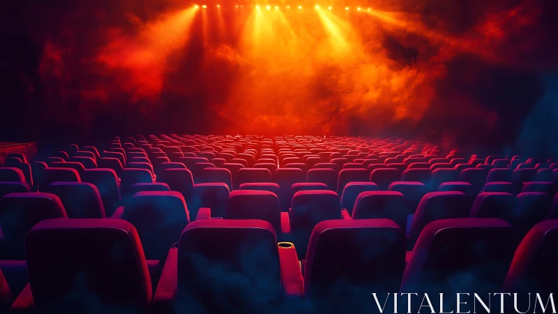 Cinematic auditorium with neon haze and dramatic stage lighting.