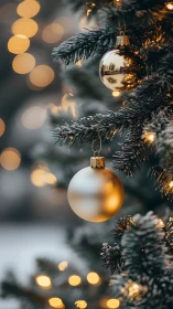 Shallow depth of field isolates frosted tree ornaments and bokeh