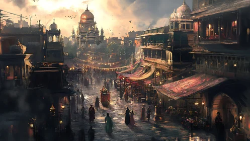 Sunlit domed citadel above crowded atmospheric bazaar street