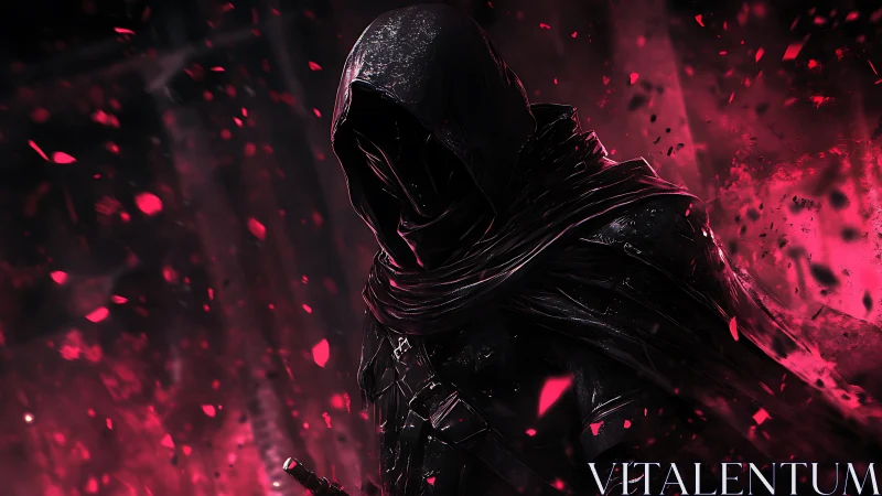 Hooded dark figure with sword amid red glowing fragments.