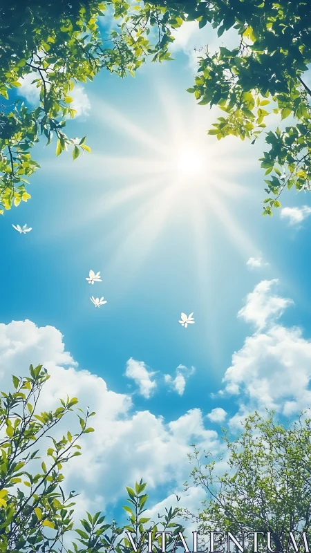 Sunlit sky framed by gentle leaves and drifting petals.