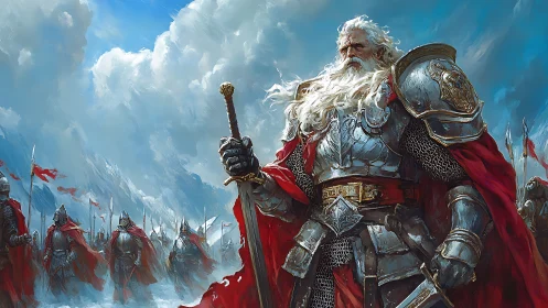 Armored warlord leads crimson-cloaked legion under storm sky