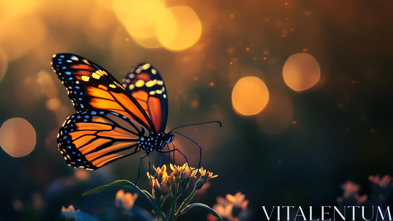 Golden dusk welcomes a monarch butterfly resting on blooms