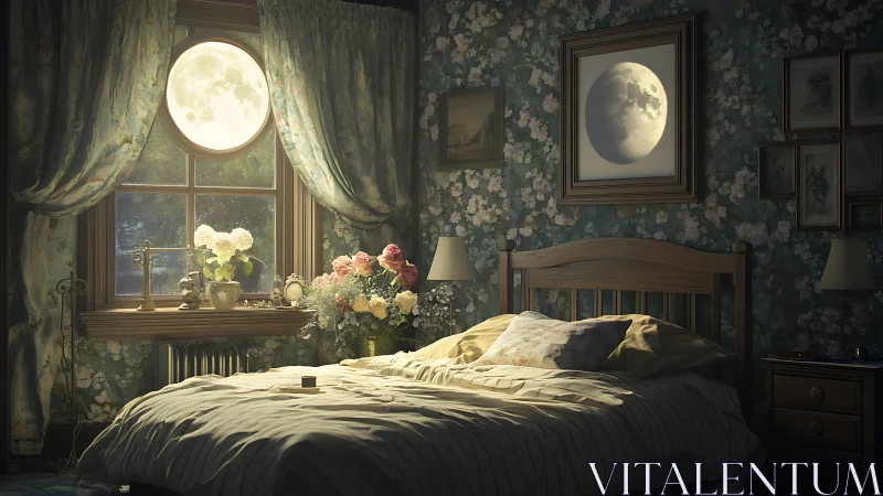 Moonlit bedroom sanctuary wrapped in soft floral nostalgia.