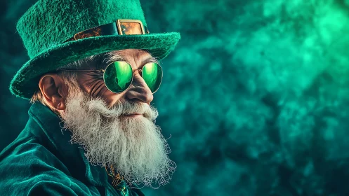 Emerald-clad elder in reflective glasses and tall felt hat.