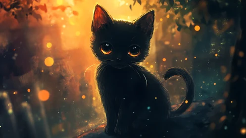 Luminous Shadow: Black Cat's Ember-Bright Gaze Burns Through Golden Twilight
