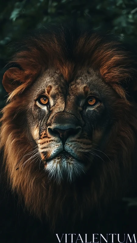 Majestic lion portrait under dramatic low key lighting.