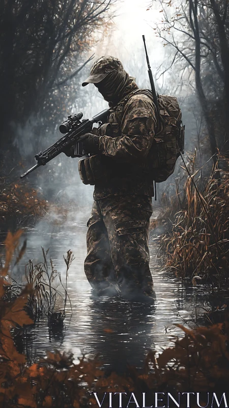 Solitary scout moving quietly through a misty forest marsh.