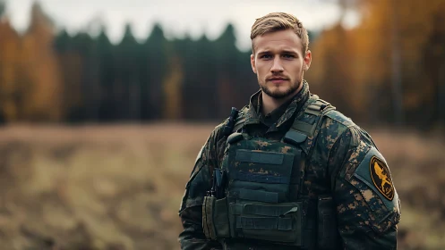 Calm soldier standing in quiet autumn woodland light.