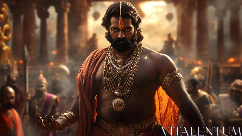 Bearded warrior stands in ornate temple environment interior