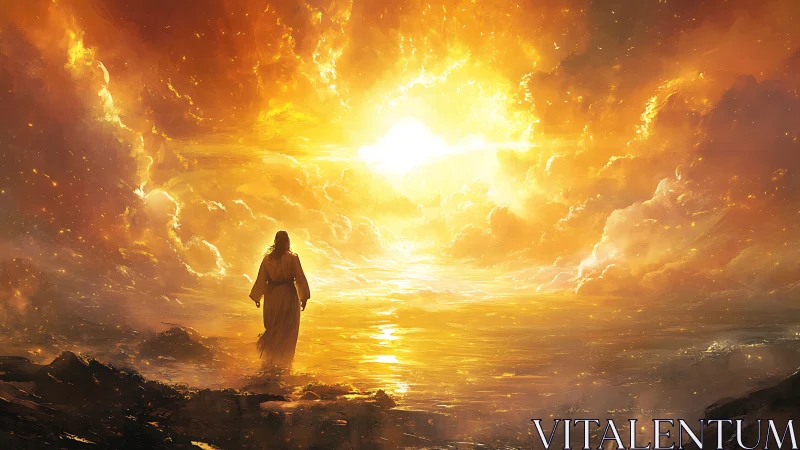 Lone robed wanderer stepping into a blazing celestial dawn.