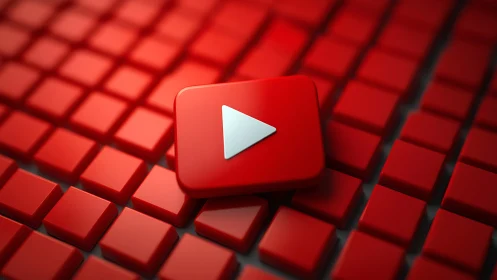 Iconic red play button on glossy geometric tiles.