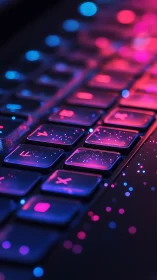 Cyberpunk keyboard close-up with neon bokeh gradients.