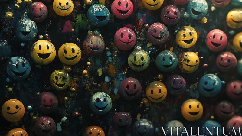 Multicolored smiley spheres form a textured, gridded surface