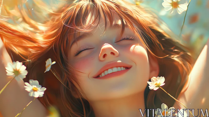 Smiling girl with daisies in warm sunlit close up portrait.